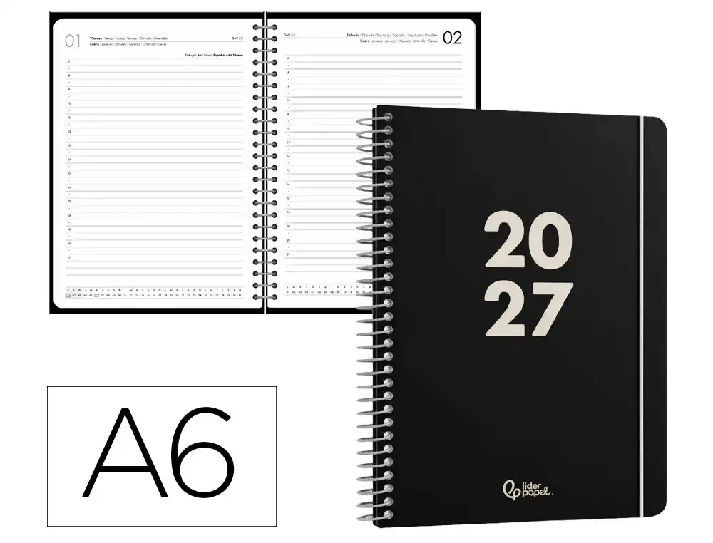 Agenda oficina liderpapel 2027 espiral basic dia pagina a6 bilingue 60g papel fsc negro