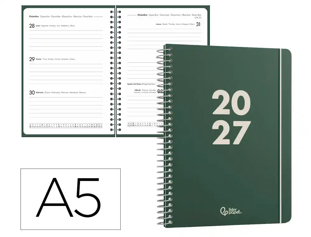 Agenda oficina liderpapel 2027 espiral basic semana vista a5 bilingue 60g papel fsc verde