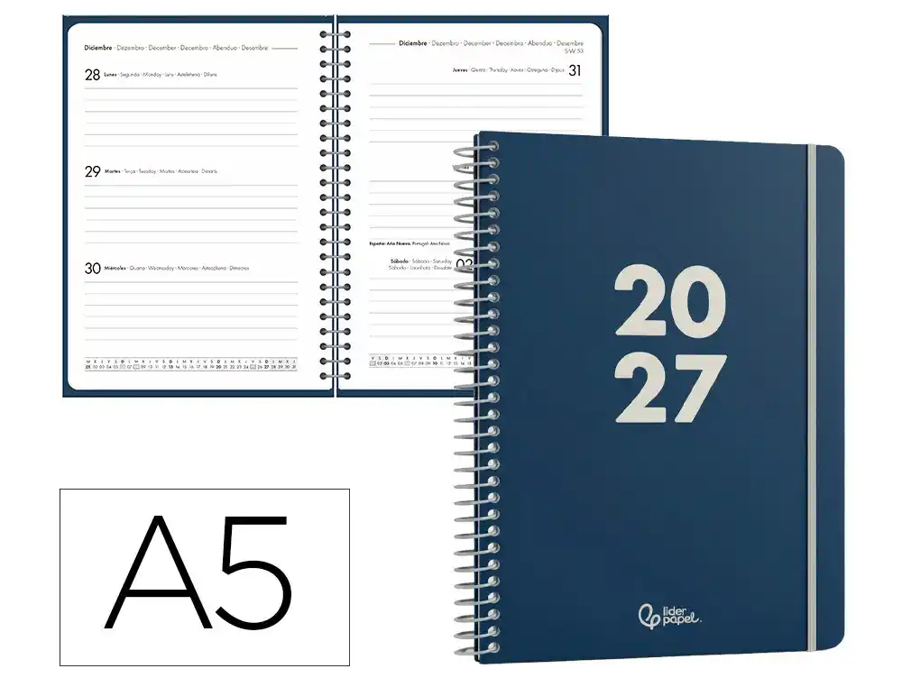 Agenda oficina liderpapel 2027 espiral basic semana vista a5 bilingue 60g papel fsc azul