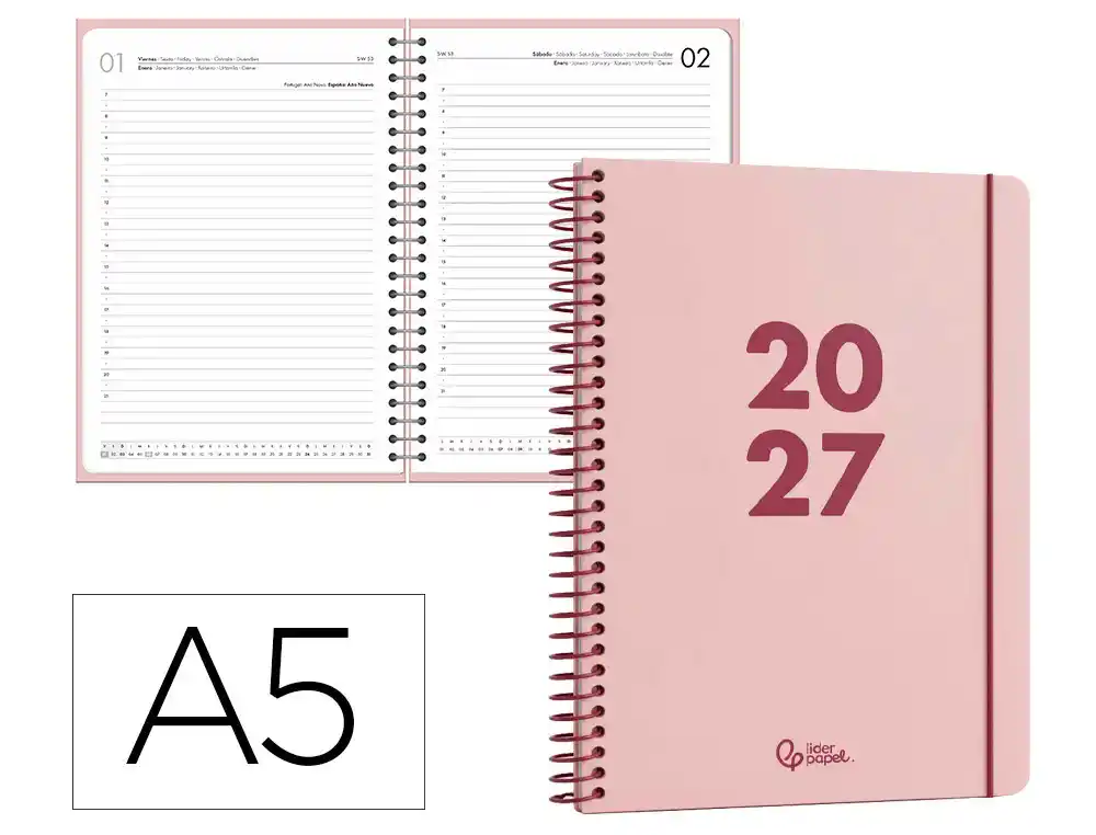 Agenda oficina liderpapel 2027 espiral basic dia pagina a5 bilingue 60g papel fsc rosa