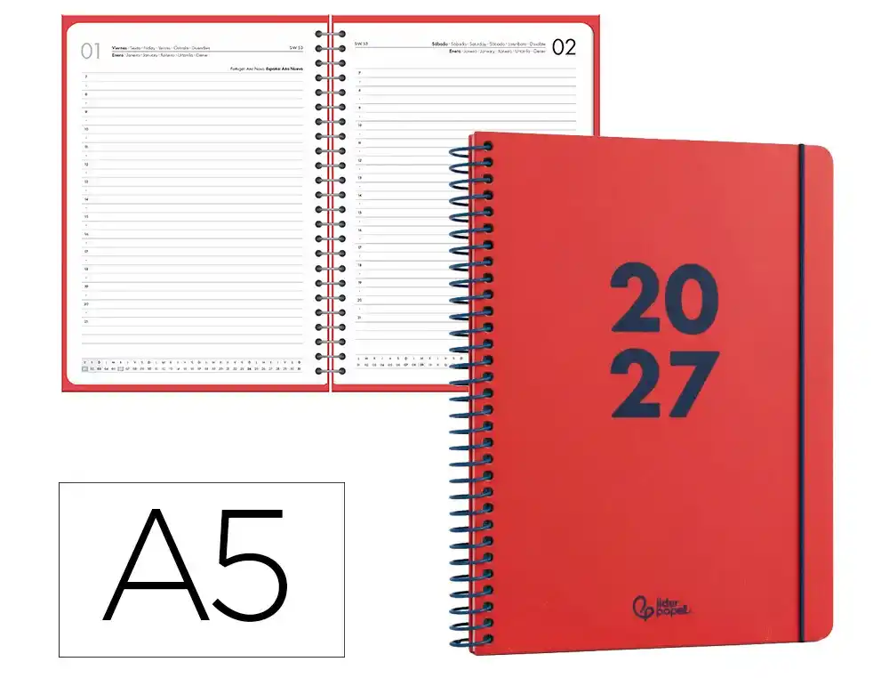 Agenda oficina liderpapel 2027 espiral basic dia pagina a5 bilingue 60g papel fsc rojo