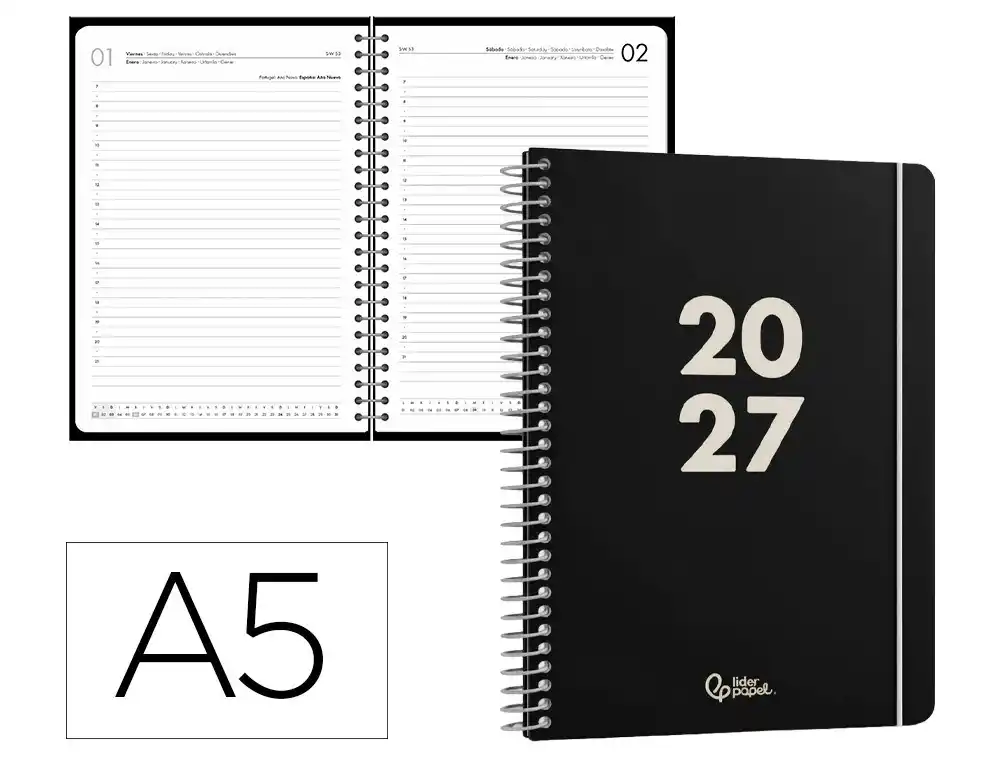 Agenda oficina liderpapel 2027 espiral basic dia pagina a5 bilingue 60g papel fsc negro