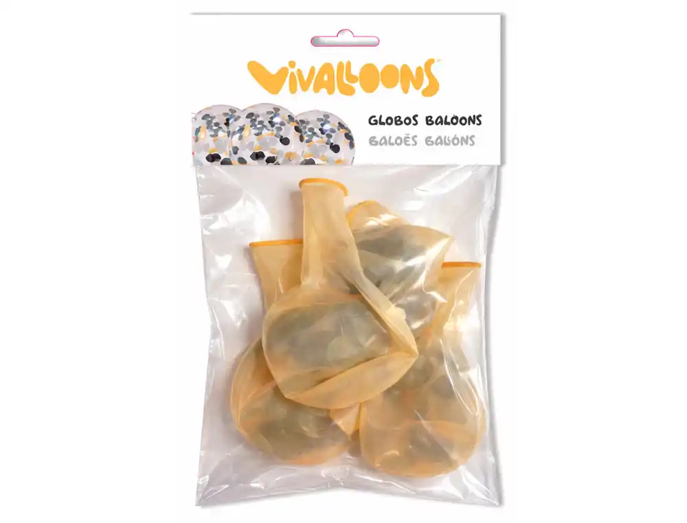 [175447] Globo 100% latex biodegradable vivalloons con cofetti metalizado oro/negro bolsa de 5 unidades