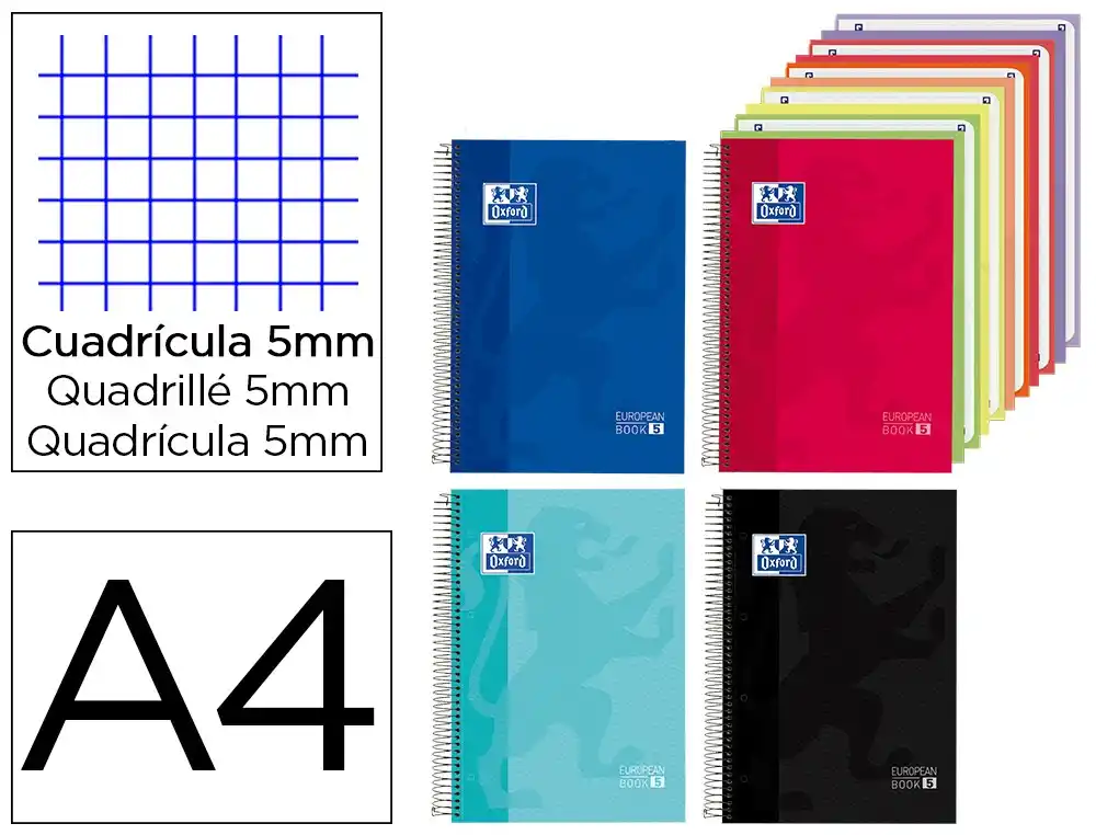 [175383] Cuaderno espiral oxford europeanbook 5 tapa extradura din a4 150 hojas cuadro 5 mm con 5 bolsas separadoras