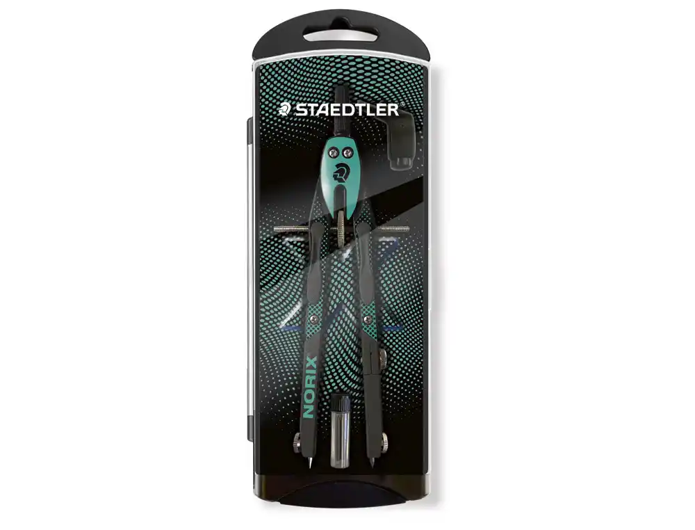 [175313] Compas staedtler noris 555 con husillo y rueda central sin alargadera tubo de minas y aguja color verde turquesa