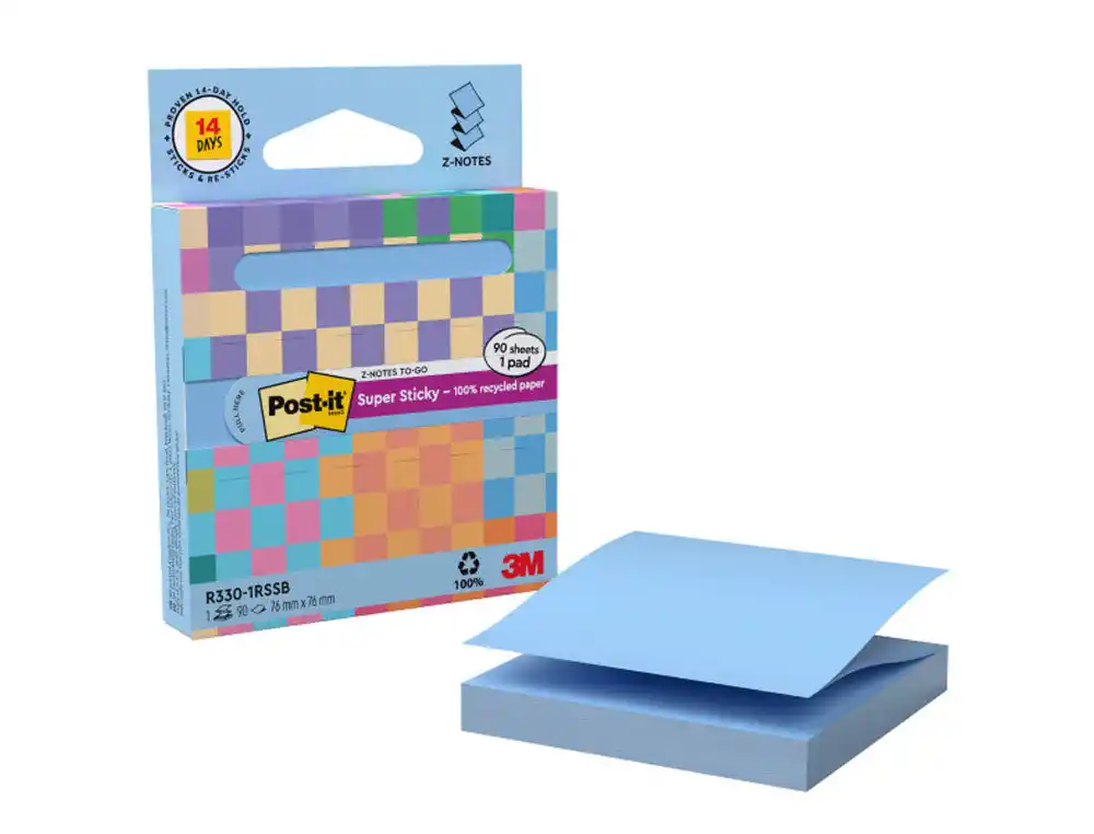 [175170] Bloc de notas adhesivas quita y pon post it z-notas super sticky 100% pefc 76x76 mm dispensador 90 hojas azul