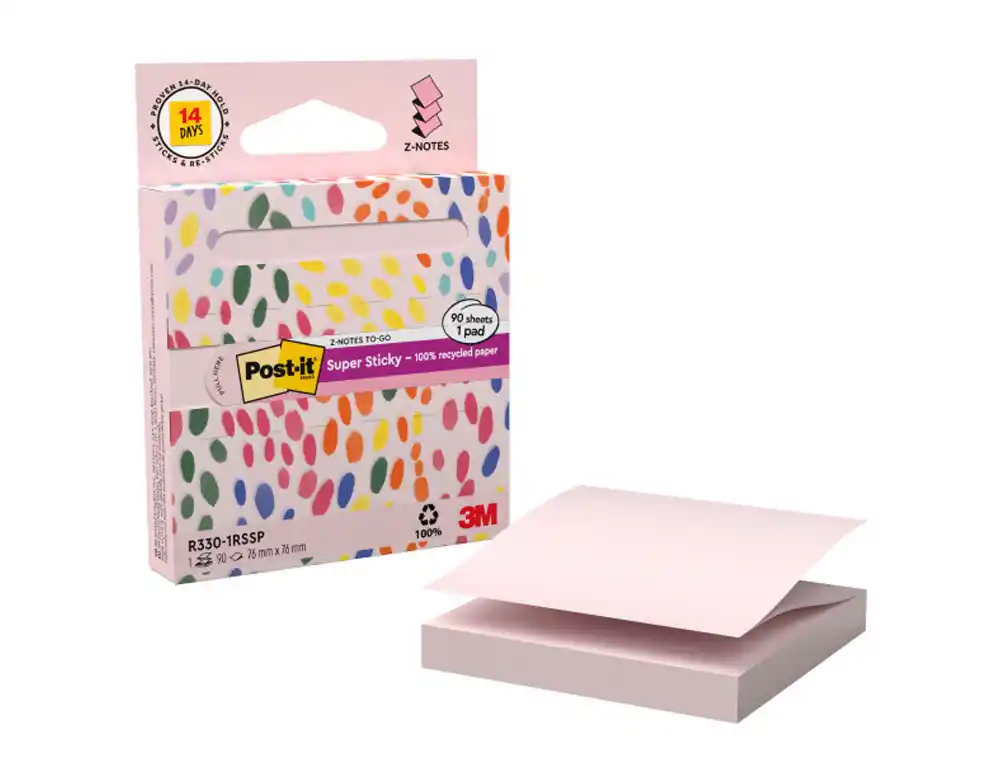 [175169] Bloc de notas adhesivas quita y pon post it z-notas super sticky 100% pefc 76x76 mm dispensador 90 hojas rosa