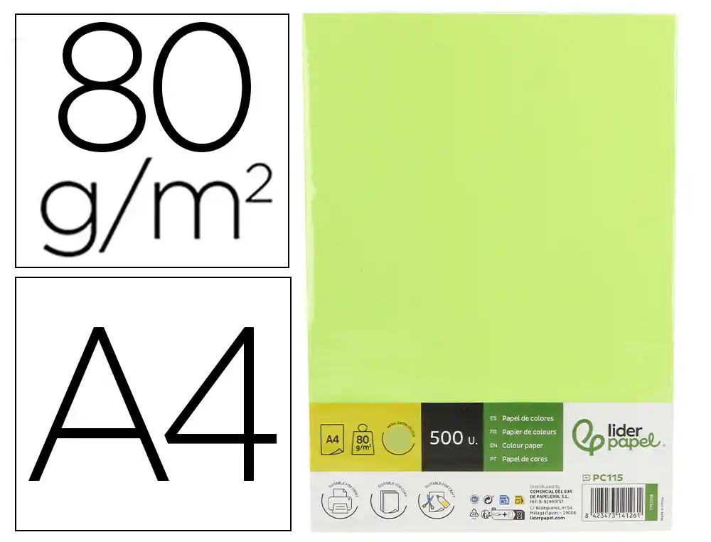 [175118] Papel color liderpapel din a4 80 g verde neon paquete de 500 hojas