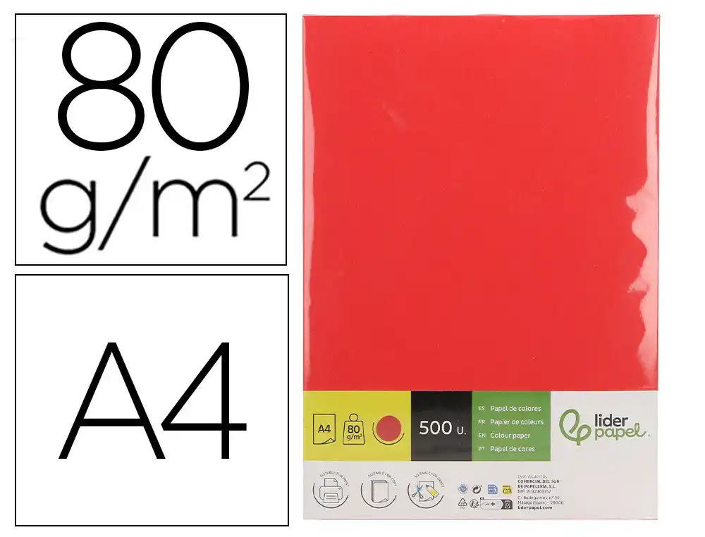 [175112] Papel color liderpapel din a4 80 g rojo intenso paquete de 500 hojas