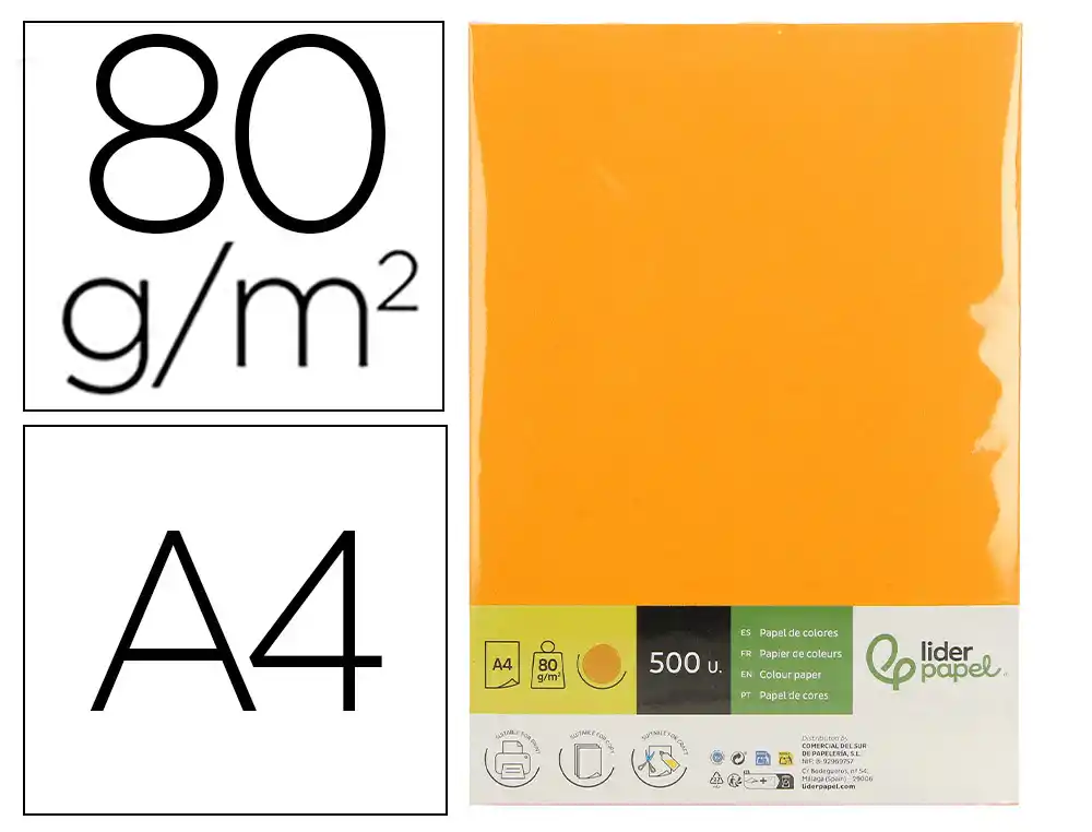 [175111] Papel color liderpapel din a4 80 g naranja neon paquete de 500 hojas
