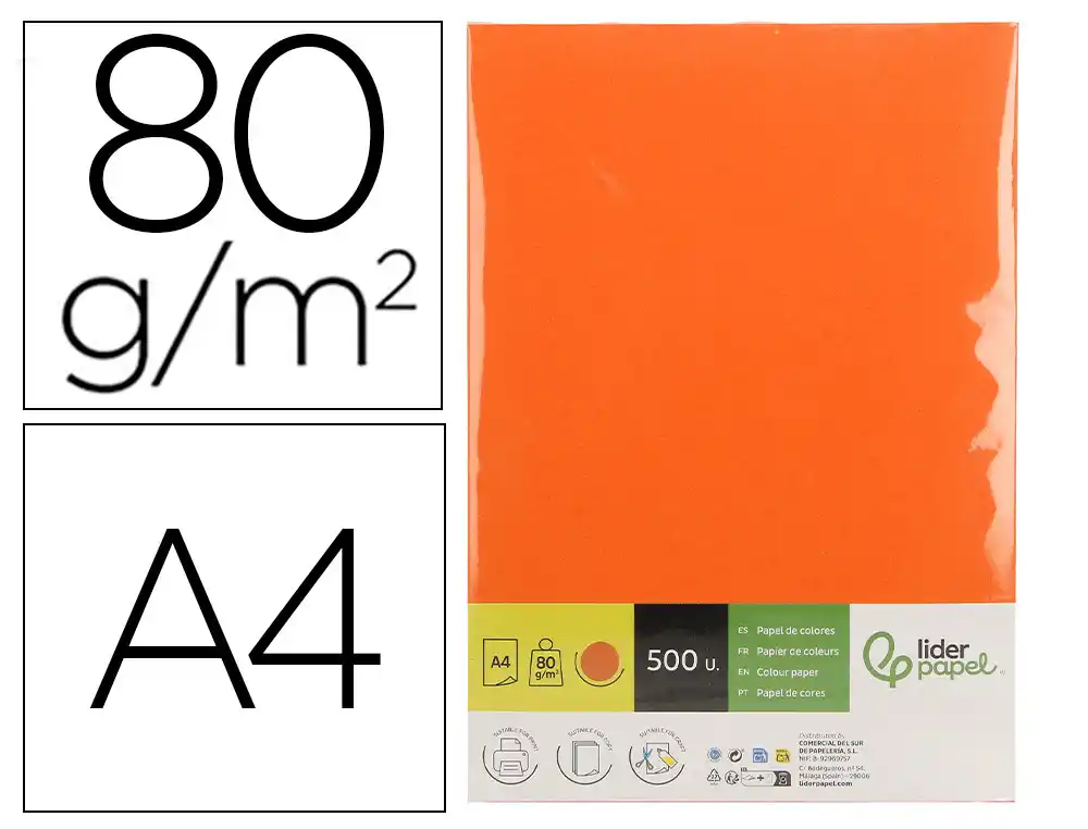 [175110] Papel color liderpapel din a4 80 g naranja intenso paquete de 500 hojas