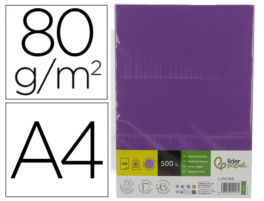 [175109] Papel color liderpapel din a4 80 g lila intenso paquete de 500 hojas