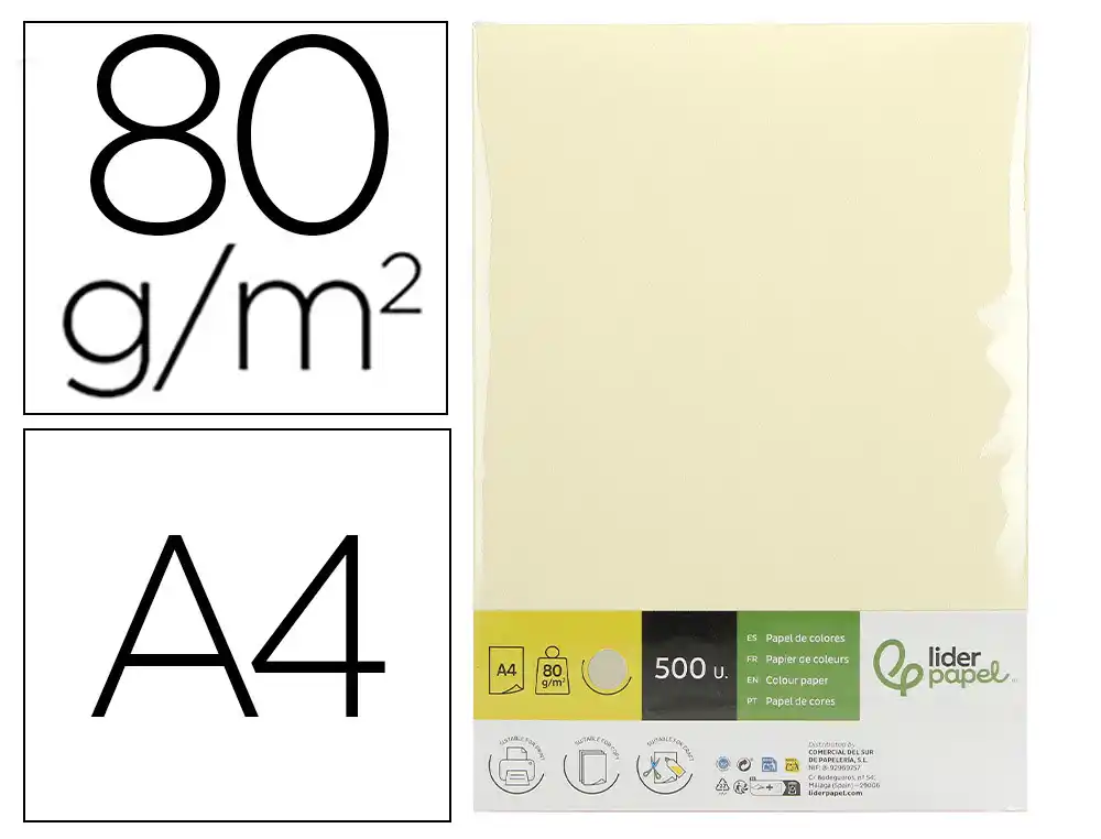 [175108] Papel color liderpapel din a4 80 g crema paquete de 500 hojas
