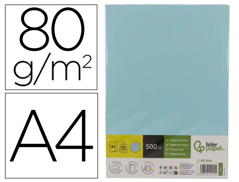 [175107] Papel color liderpapel din a4 80 g celeste paquete de 500 hojas