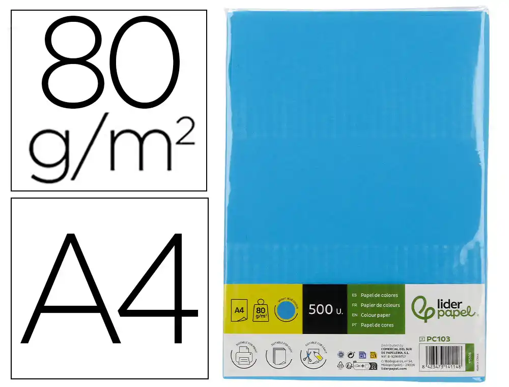 [175106] Papel color liderpapel din a4 80 g azul intenso paquete de 500 hojas