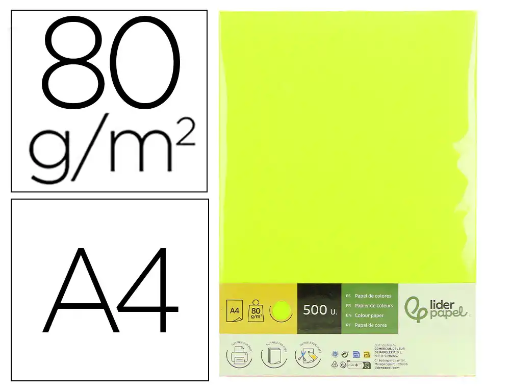 [175105] Papel color liderpapel din a4 80 g amarillo neon paquete de 500 hojas