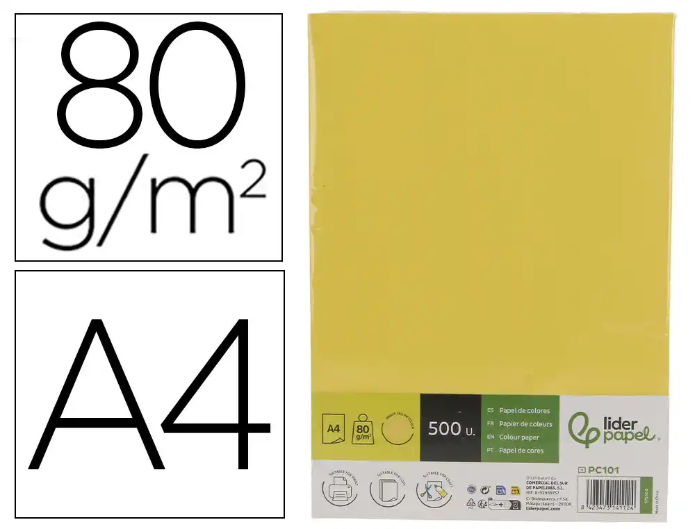 [175104] Papel color liderpapel din a4 80 g amarillo intenso paquete de 500 hojas