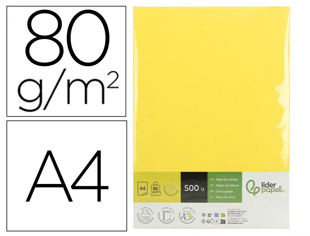 [175103] Papel color liderpapel din a4 80 g amarillo paquete de 500 hojas