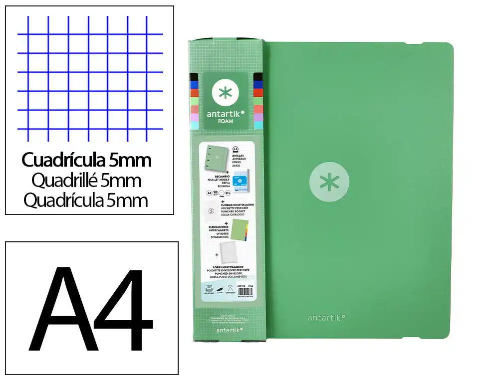 Carpeta con recambio antartik a4 cuadro 5mm foam 4 anillas 35mm mixtas color verde matcha