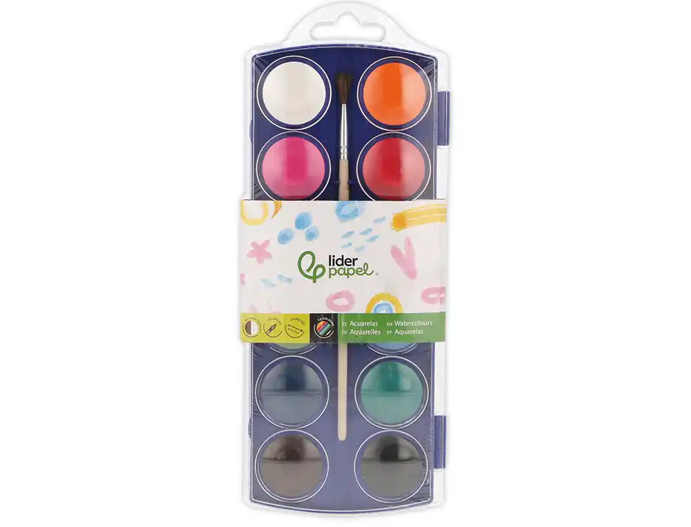 Acuarela liderpapel 12 colores con pincel mango de madera estuche de plastico