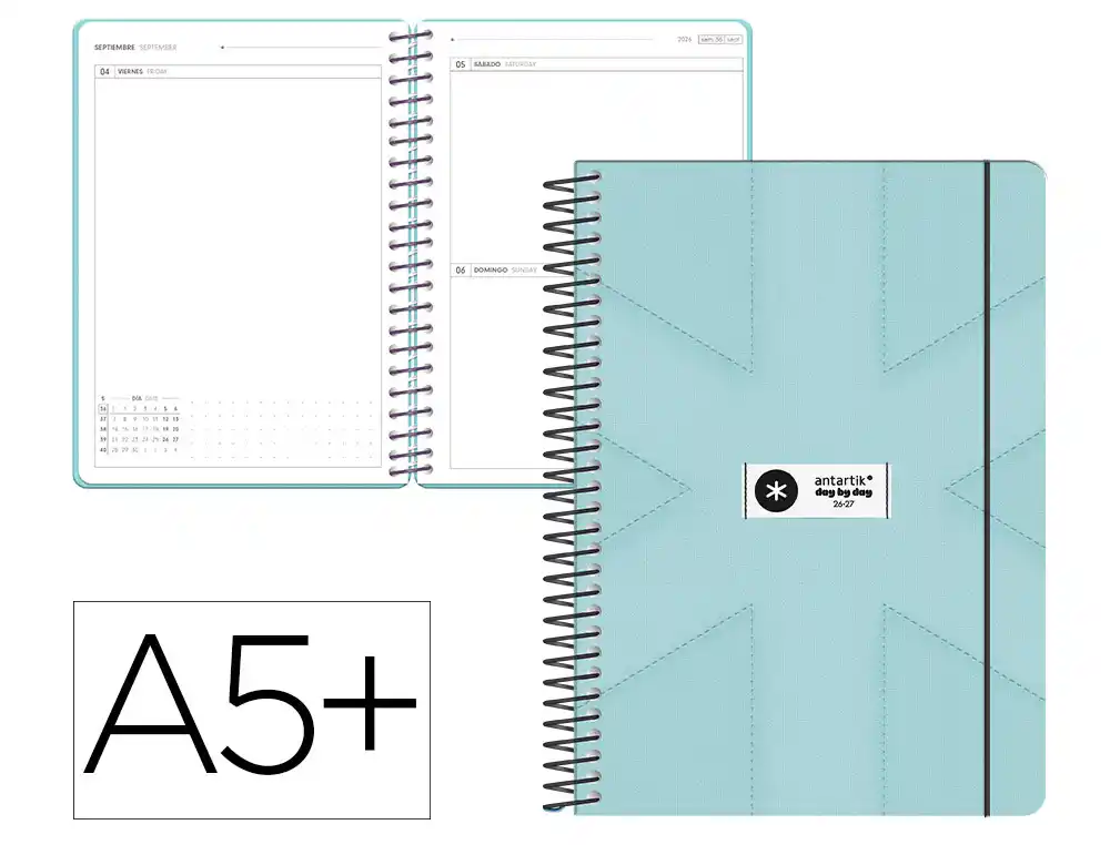 Agenda escolar antartik 26-27 espiral pack and go dia paginaa5+ bilingüe 80g papel fsc menta