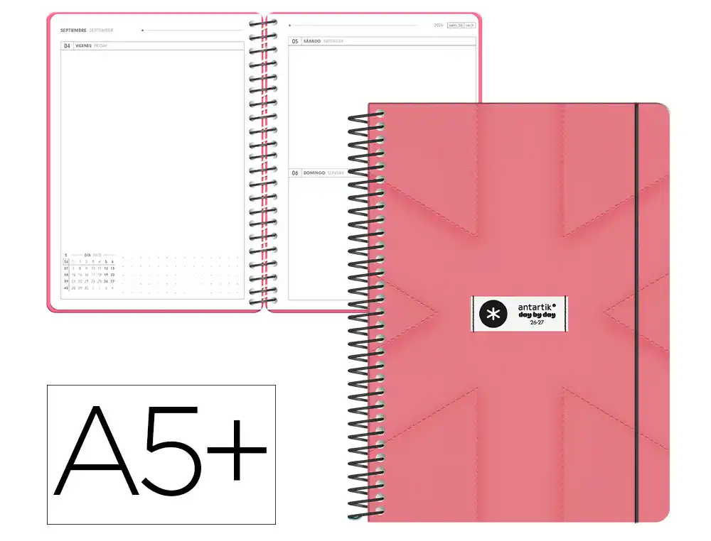 Agenda escolar antartik 26-27 espiral pack and go dia paginaa5+ bilingüe 80g papel fsc rosa coral