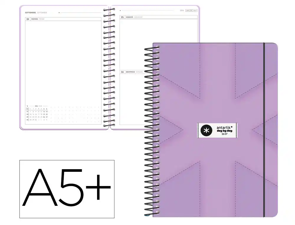 Agenda escolar antartik 26-27 espiral pack and go dia paginaa5+ bilingüe 80g papel fsc morado