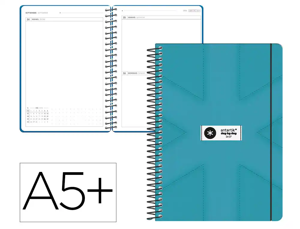 Agenda escolar antartik 26-27 espiral pack and go dia paginaa5+ bilingüe 80g papel fsc turquesa