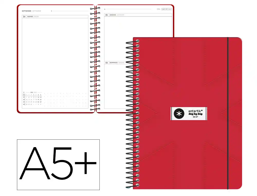 Agenda escolar antartik 26-27 espiral pack and go dia paginaa5+ bilingüe 80g papel fsc rojo