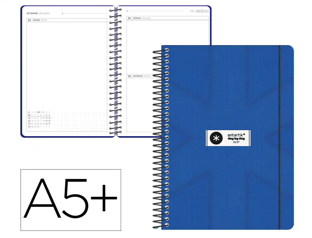 Agenda escolar antartik 26-27 espiral pack and go dia paginaa5+ bilingüe 80g papel fsc azul marino