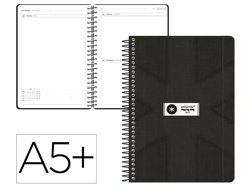 Agenda escolar antartik 26-27 espiral pack and go dia pagina a5+ bilingue 80g papel fsc negro