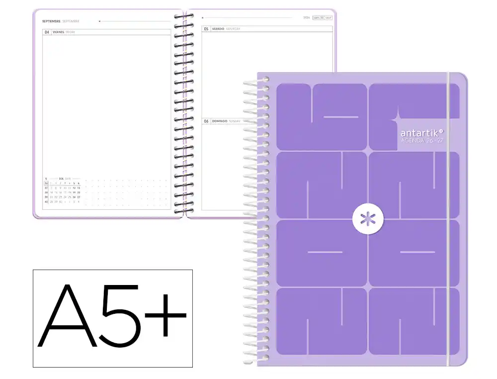 Agenda escolar antartik 26-27 espiral essentials dia pagina a5+ bilingue 80g papel fsc morado