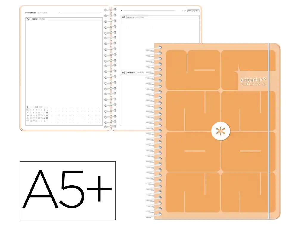Agenda escolar antartik 26-27 espiral essentials dia pagina a5+ bilingue 80g papel fsc naranja