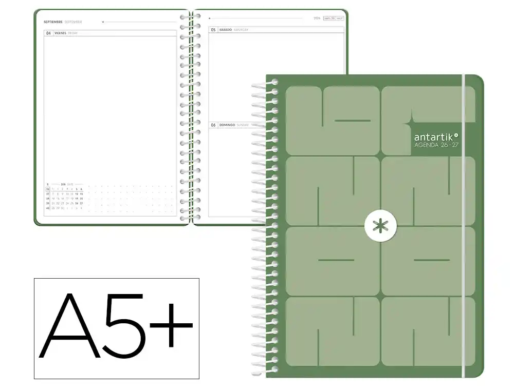 Agenda escolar antartik 26-27 espiral essentials dia pagina a5+ bilingue 80g papel fsc verde