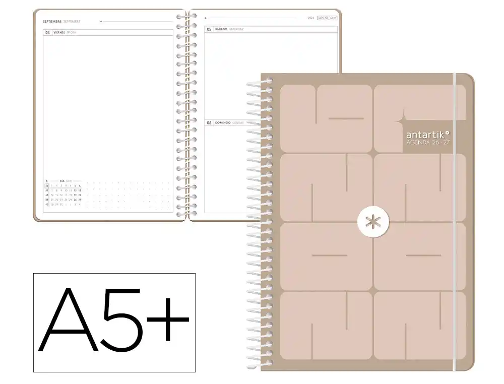 Agenda escolar antartik 26-27 espiral essentials dia pagina a5+ bilingue 80g papel fsc beis