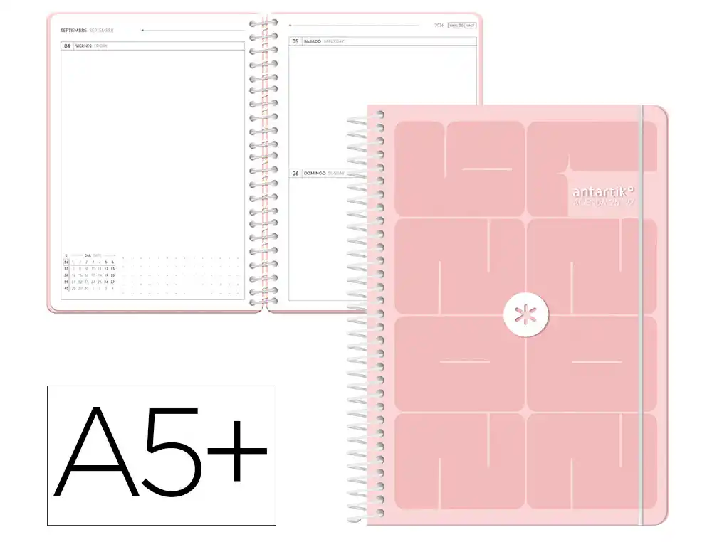 Agenda escolar antartik 26-27 espiral essentials dia pagina a5+ bilingue 80g papel fsc rosa