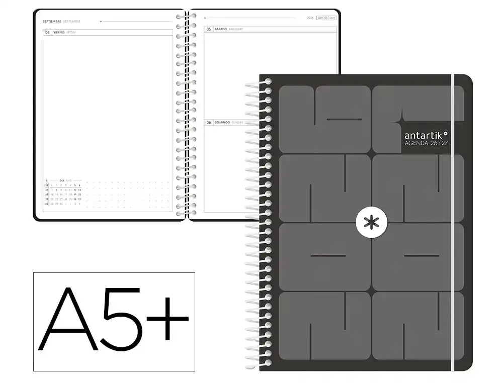 Agenda escolar antartik 26-27 espiral essentials dia pagina a5+ bilingue 80g papel fsc negro