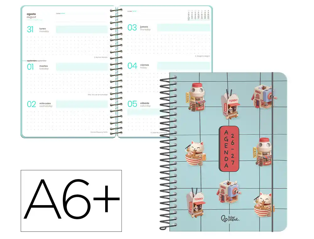 Agenda escolar liderpapel 26-27 espiral fantasy f semana vista a6+ bilingue 80g papel fsc diseño4