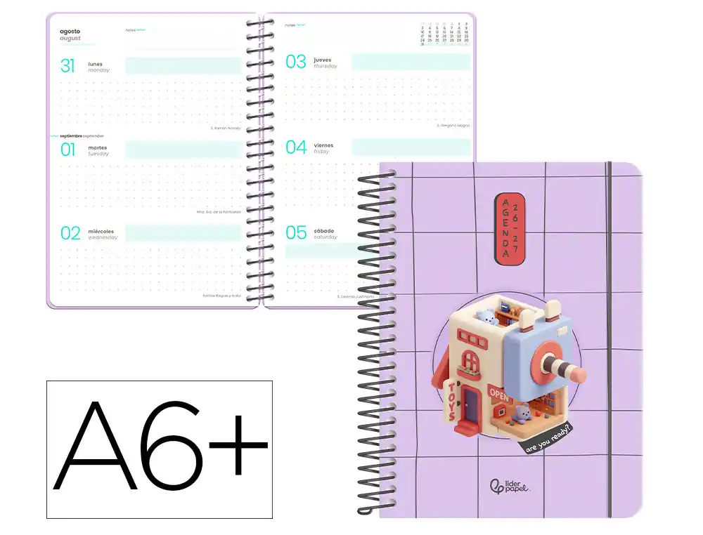 Agenda escolar liderpapel 26-27 espiral oriental semana vista a6+ bilingue 80g papel fsc sacapuntas