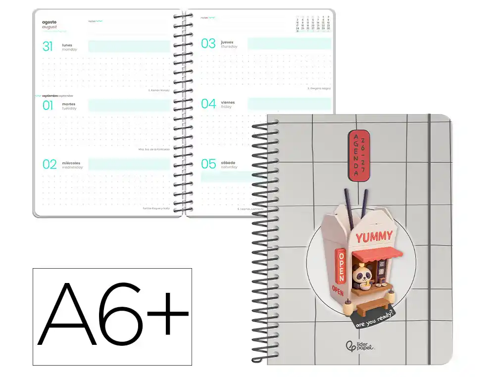 Agenda escolar liderpapel 26-27 espiral oriental semana vista a6+ bilingue 80g papel fsc fideos
