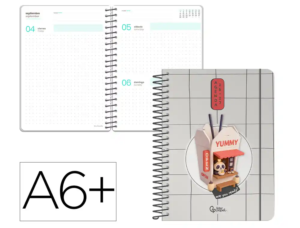 Agenda escolar liderpapel 26-27 espiral oriental dia pagina a6+ bilingue 80g papel fsc fideos
