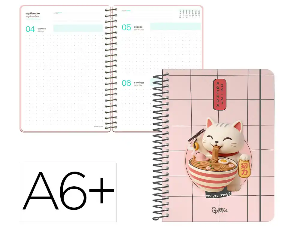 Agenda escolar liderpapel 26-27 espiral oriental dia pagina a6+ bilingue 80g papel fsc gato