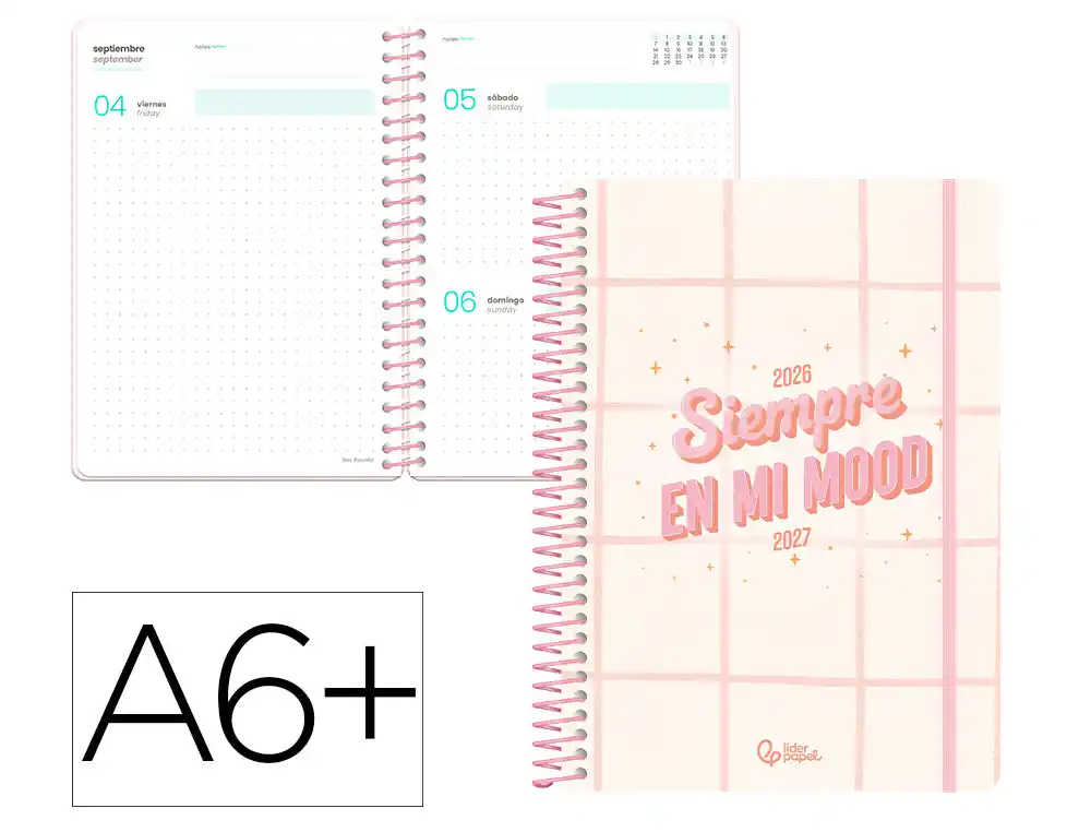 [174866] Agenda escolar liderpapel 26-27 espiral graphic dia pagina a6 bilingue 80g papel fsc rosa