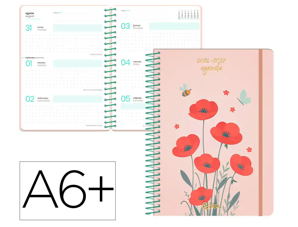 Agenda escolar liderpapel 26-27 espiral flowers semana vista a6+ bilingue 80g papel fsc rojo