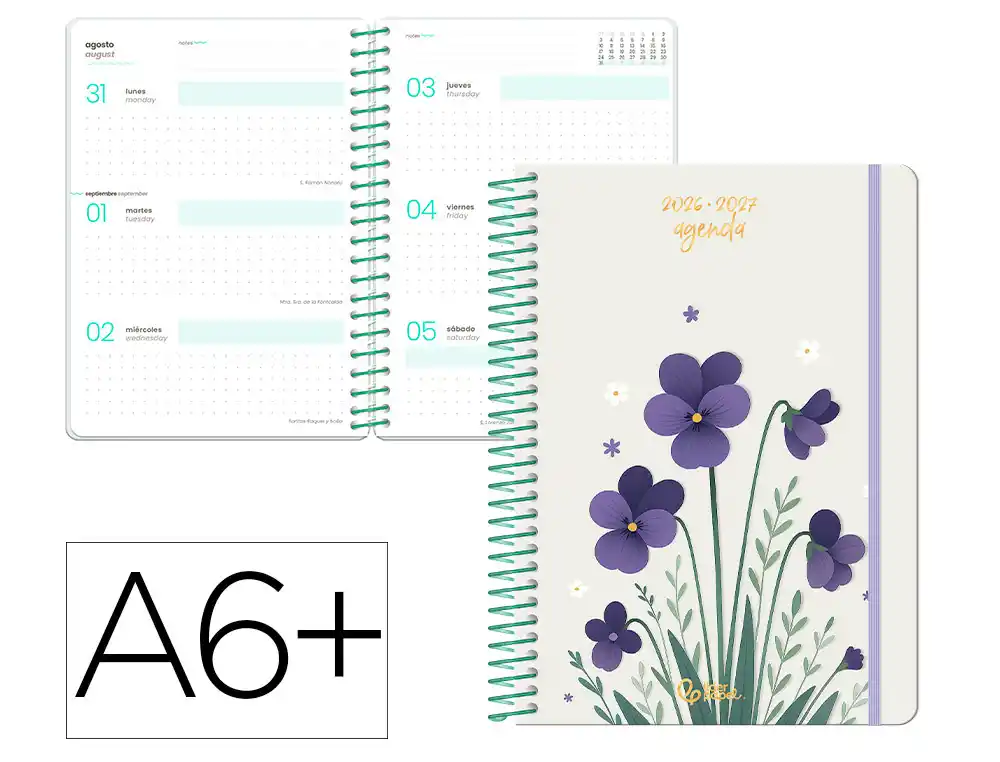 Agenda escolar liderpapel 26-27 espiral flowers semana vista a6+ bilingue 80g papel fsc blanco