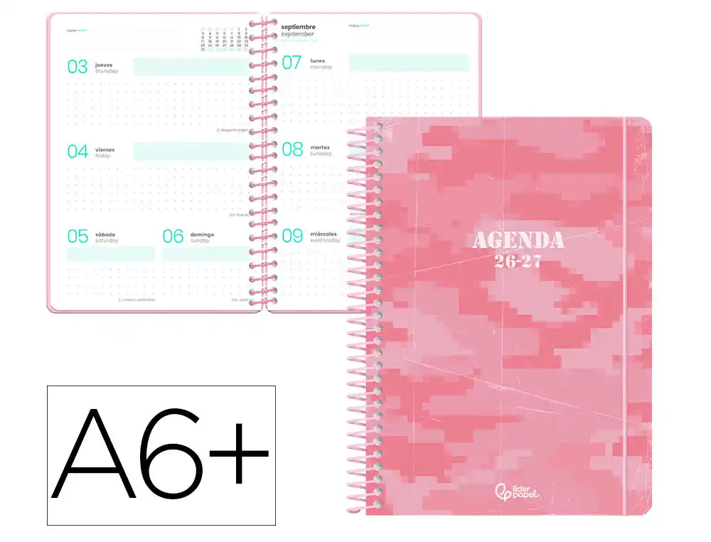 Agenda escolar liderpapel 26-27 espiral military semana vista a6+ bilingue 80g papel fsc rosa