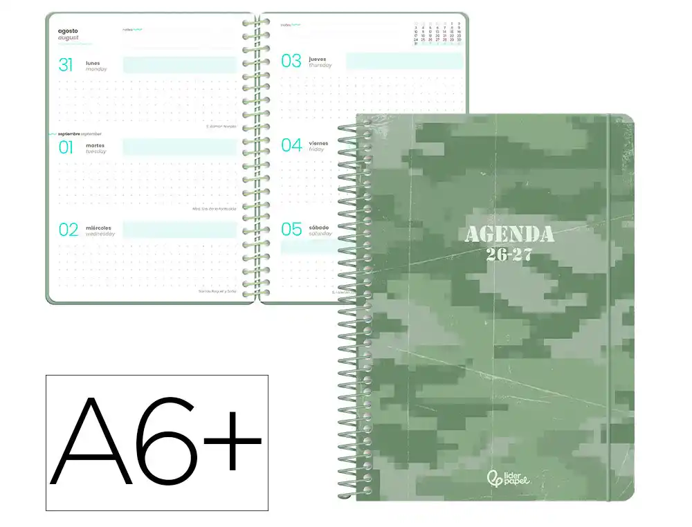 Agenda escolar liderpapel 26-27 espiral military semana vista a6+ bilingue 80g papel fsc verde
