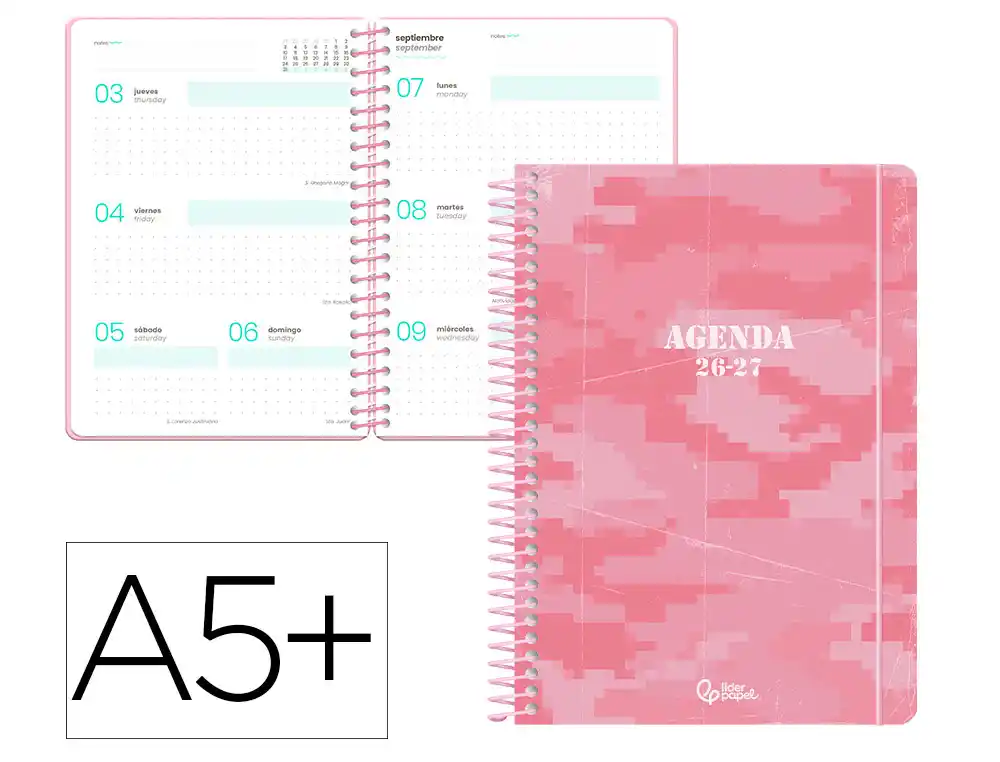 Agenda escolar liderpapel 26-27 espiral military semana vista a5+ bilingue 80g papel fsc rosa