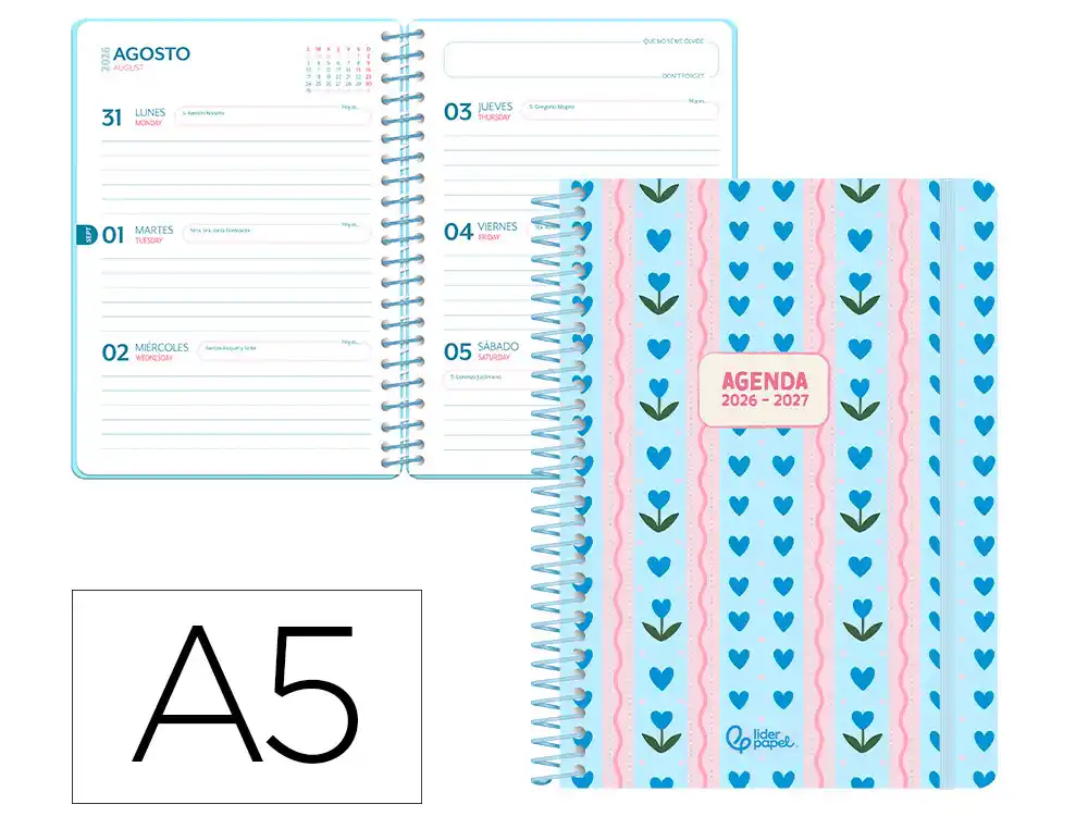 Agenda escolar liderpapel 26-27 espiral cottage semana vista a5 bilingue 80g papel fsc azul corazones