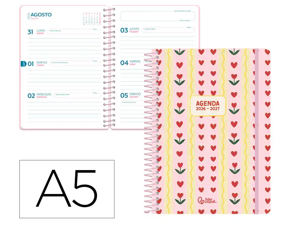 Agenda escolar liderpapel 26-27 espiral cottage semana vista a5 bilingue 80g papel fsc rosa corazones